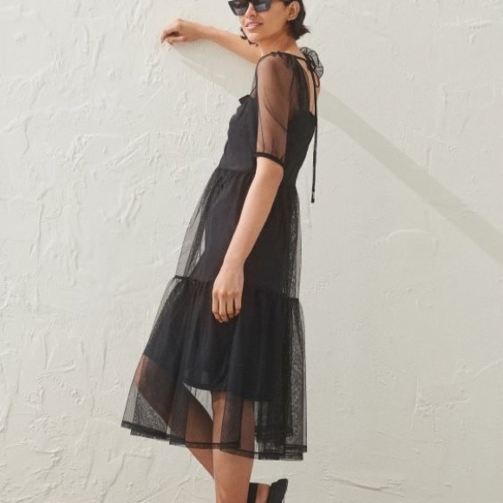 Puff-sleeved Mesh Dress